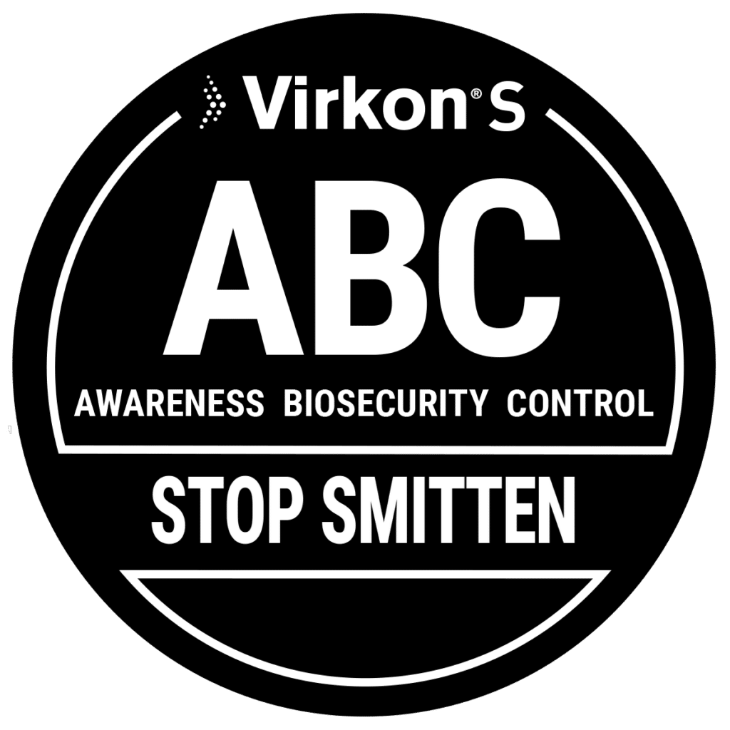 Virkon S ABC-mærke: Awareness, Biosecurity, Control. Stop smitten.
