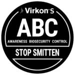 Virkon S ABC-mærke: Awareness, Biosecurity, Control. Stop smitten.