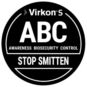 Virkon S ABC-mærke: Awareness, Biosecurity, Control. Stop smitten.